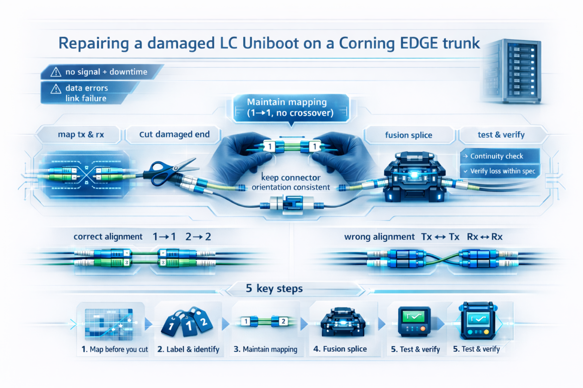 This infographic explains how to repair a damaged LC Uniboot fiber optic cable used in a Corning EDGE trunk system. It begins by highlighting typical failure symptoms, including loss of signal, downtime, data errors, and link failure. The process is illustrated in a sequence of steps. First, the transmit (Tx) and receive (Rx) fibers are mapped to ensure correct identification. Next, the damaged section of the cable is cut. The infographic emphasizes maintaining proper fiber mapping, specifically a one-to-one alignment (1→1) without crossing the fibers. A visual example shows two connectors labeled “1,” indicating that orientation must remain consistent. The next stage shows fusion splicing, where the fiber ends are joined using a splicing machine. After splicing, the connection is tested and verified. This includes performing a continuity check and confirming that signal loss remains within acceptable limits. A comparison section illustrates correct versus incorrect alignment. Correct alignment connects corresponding channels (1→1 and 2→2, Tx to Rx), while incorrect alignment shows crossed fibers (Tx to Tx, Rx to Rx), which can cause failure. At the bottom, the infographic summarizes five key steps: mapping fibers before cutting, labeling and identifying connections, maintaining correct mapping, performing fusion splicing, and testing and verifying the final connection.