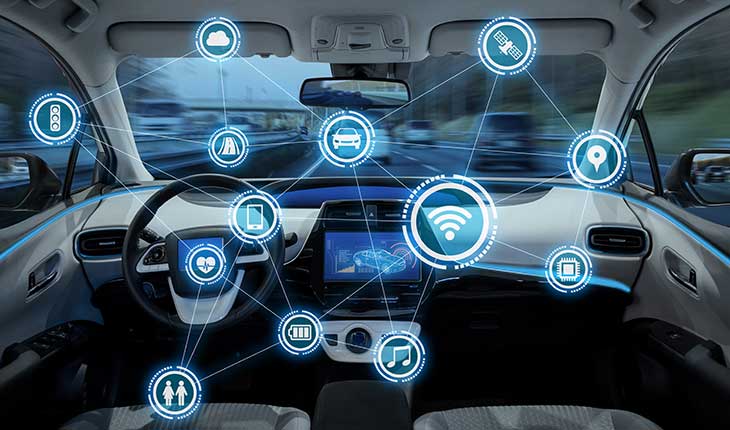 Data protection in the age of digitalization Driverless car with IoT symbols across the cockpit