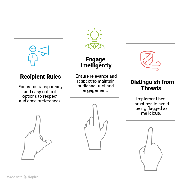 Figure 2: Three core principles for marketers Infographic displaying three key principles for marketers to build trust: 'Recipient Rules' (transparency and easy opt-outs), 'Engage Intelligently' (ensuring relevance and respect), and 'Distinguish from Threats' (using best practices to avoid being flagged as malicious). Each principle is visually represented above a pointing hand icon.