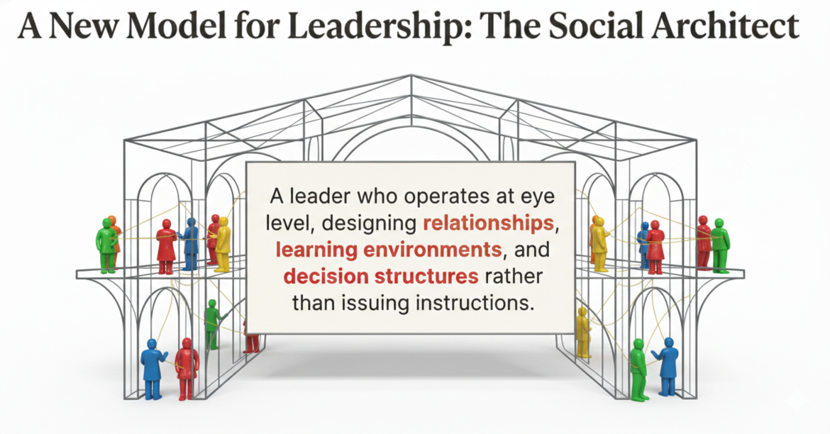 Illustration of a wireframe architectural structure populated by colorful figurines connected with strings, symbolizing collaboration. In the center, a text box reads: ‘A leader who operates at eye level, designing relationships, learning environments, and decision structures rather than issuing instructions.’ The title above the illustration says, ‘A New Model for Leadership: The Social Architect