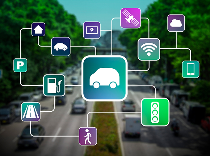 Street with smart car & smart city symbols