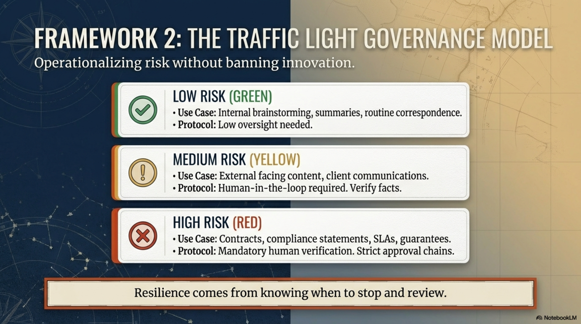 Slide titled “Framework 2: The Traffic Light Governance Model” outlining AI risk levels: Low Risk (green) for internal tasks with low oversight, Medium Risk (yellow) for external content requiring human review, and High Risk (red) for contracts and compliance requiring strict approval. A footer reads, “Resilience comes from knowing when to stop and review.”