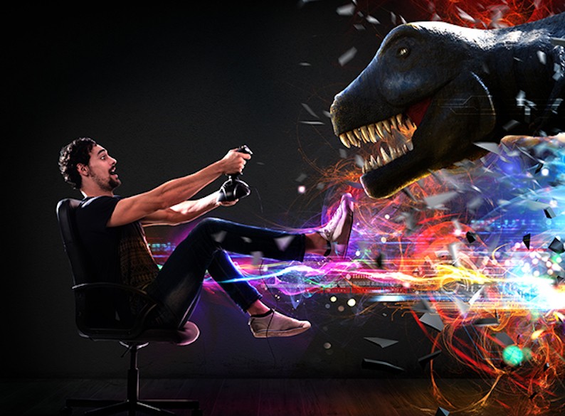Online gaming Dinosaur crashing through to the real world in an online game